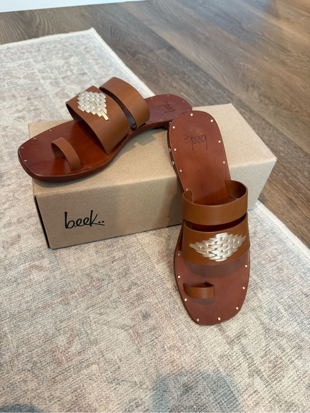 beek wood I’ll Tan Leather Slide Sandals with Metallic Weave